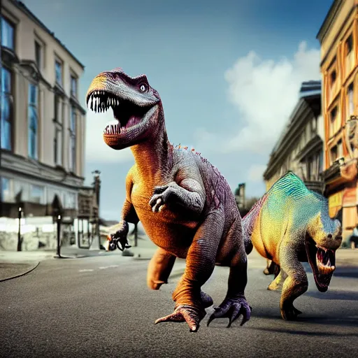 Prompt: dinosaurs walking in Helsinki city center, urban, hyper realistic, CGI, macro