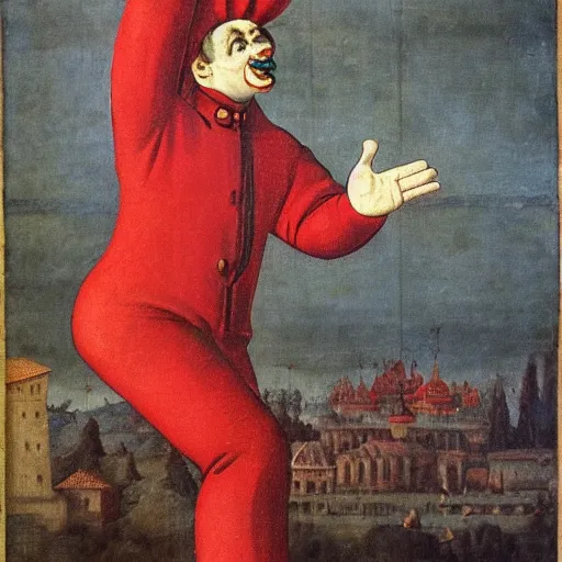 Image similar to communist clown, soviet propaganda, renaissance art style