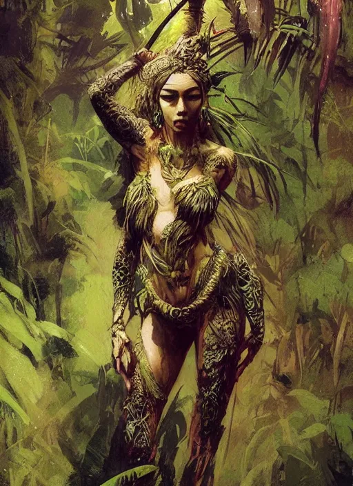 Image similar to a full body portrait of a jungle queen, intricate, elegant, highly detailed, vivid colors, john park, frazetta, sparth, ruan jia, jeffrey catherine jones