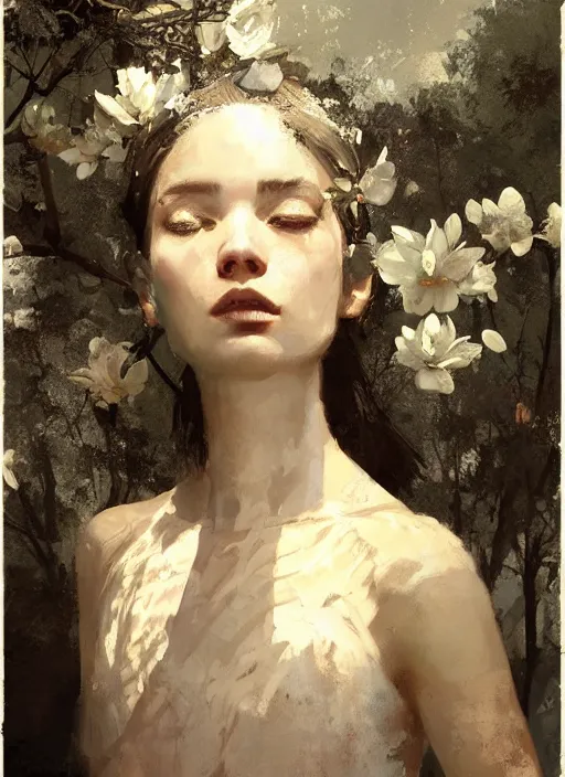 Image similar to female goddess of magnolias, beautiful face, rule of thirds, intricate outfit, backlit, by greg rutkowski, by jeremy mann, digital painting