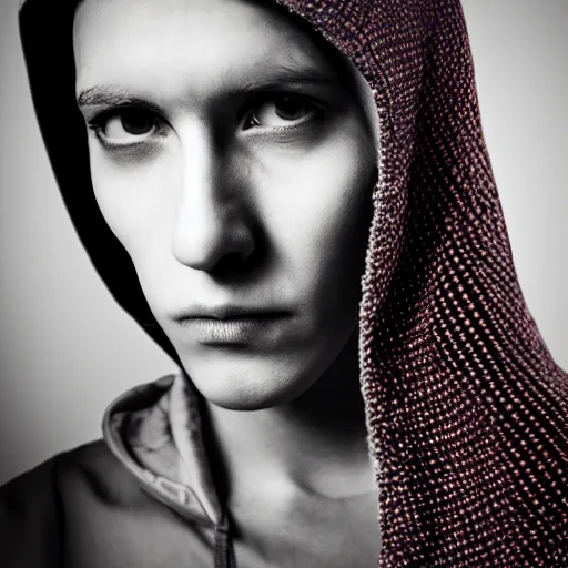 Prompt: medium shot 3 / 4 portrait of a hooded human whose been surgically embellished with computer circuitry and devices, piercing glare in the eyes, dark bokeh in background, light from top right, diverse textures