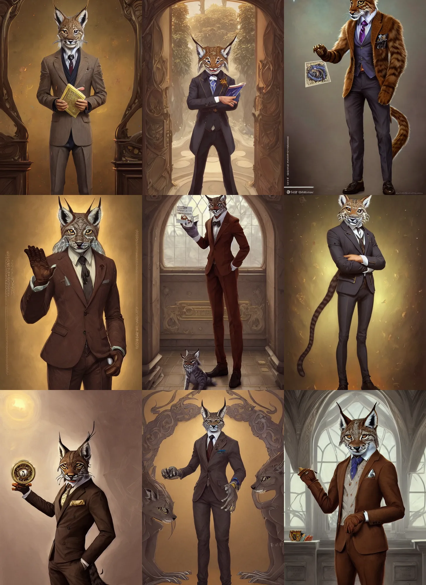 Prompt: full body photograph of a male anthropomorphic lynx fursona wearing a nice suit in a school classroom, deep focus, intricate, elegant, highly detailed, digital painting, artstation, concept art, matte, sharp focus, illustration, d & d, fantasy, hearthstone, art by artgerm and greg rutkowski and alphonse mucha