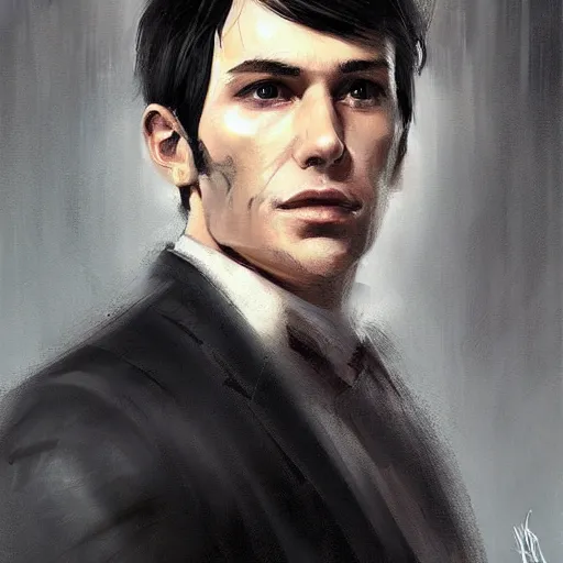 Image similar to portrait of a man by greg rutkowski, he is! about 3 0 years old, short black hair with bangs, his features are a mix between french, turkish and russian and he is wearing futuristic prosecutor suit, highly detailed portrait, digital painting, artstation, concept art, smooth, sharp foccus ilustration, artstation hq