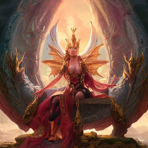 Image similar to A stunning comic book style portrait painting of a dragon goddess sitting on her throne, in the style of WLOP, 8k masterpiece, cinematic lighting, dynamic lighting, pristine and clean design, high fantasy, CGSociety, insanely detailed, atmospheric, matte painting,