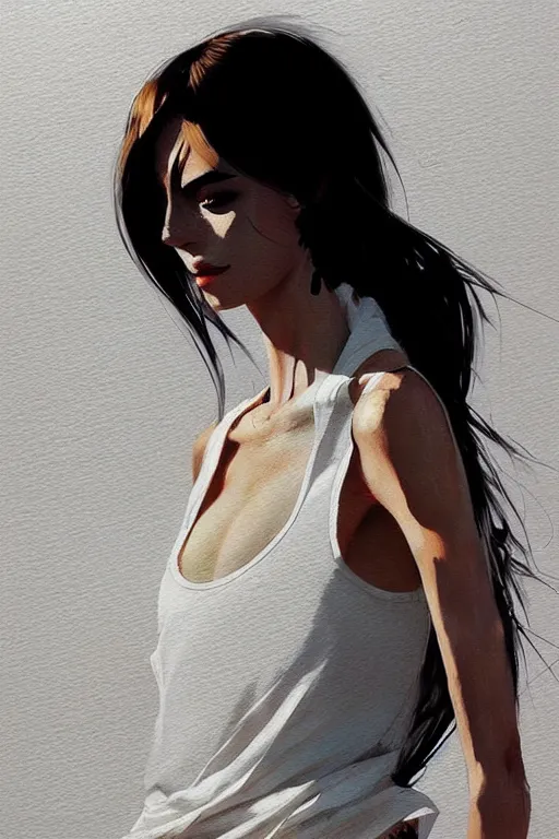 Image similar to a ultradetailed beautiful painting of a stylish woman with a white tank top, by conrad roset, greg rutkowski and makoto shinkai trending on artstation