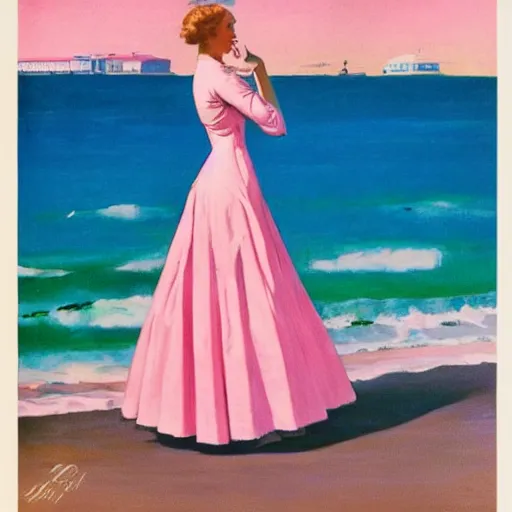 Image similar to woman in black dress in the middle of the beach, pink ocean, leyendecker style