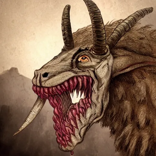 Image similar to horror, huge, vicious goat mutant monster with short blunt horns, mouth yawning wide, crocodile - like teeth, filthy matted fur, in muddy medieval village square