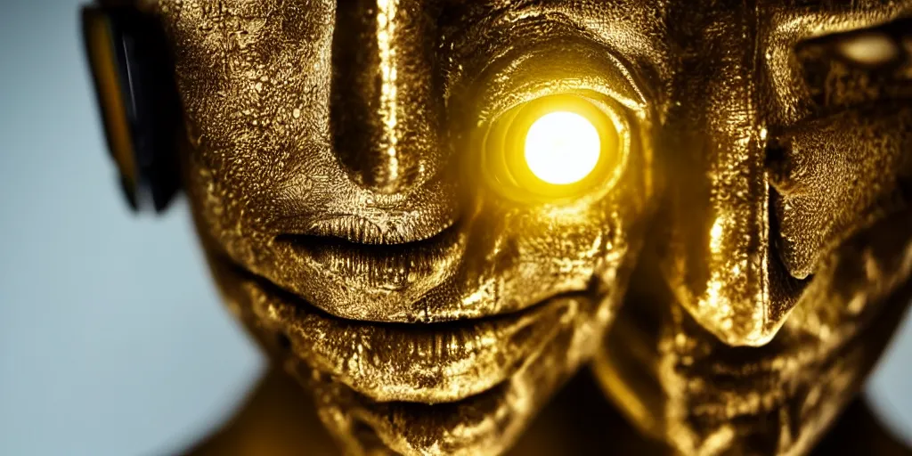 Prompt: half a human face, skin layers made of metal, cyber punk, strong yellow light reflecting off the skin, studio lighting, professional photography, film prop