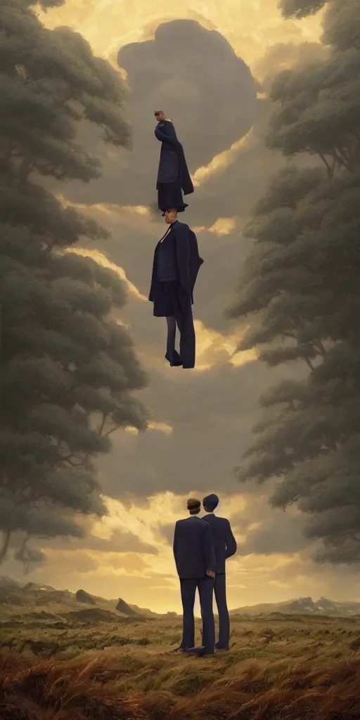 Prompt: symmetry!! they looked at each other, surreal landscape, serene, peace, very detailed, perfect composition, perfect lighting, 4 k, greg rutkowski, rene magritte, tim white, artgerm