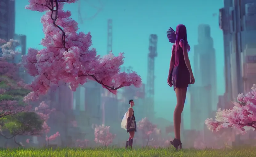 Image similar to goddess of cherry blossoms, Low level, rendered by Beeple, Makoto Shinkai, syd meade, simon stålenhag,, synthwave style, digital art, unreal engine, WLOP, trending on artstation, 4K UHD image, octane render,