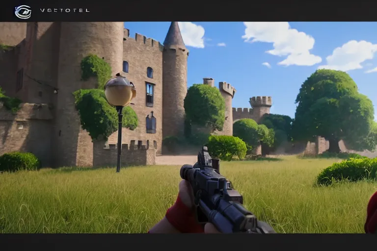 Prompt: game trailer of a semi realistic first person studio ghibli, pixar and disney animation, sharp, shooter game trailer on victorian castle, castle landscape, cinematic lighting, ray tracing, unreal engine 5, photorealistic