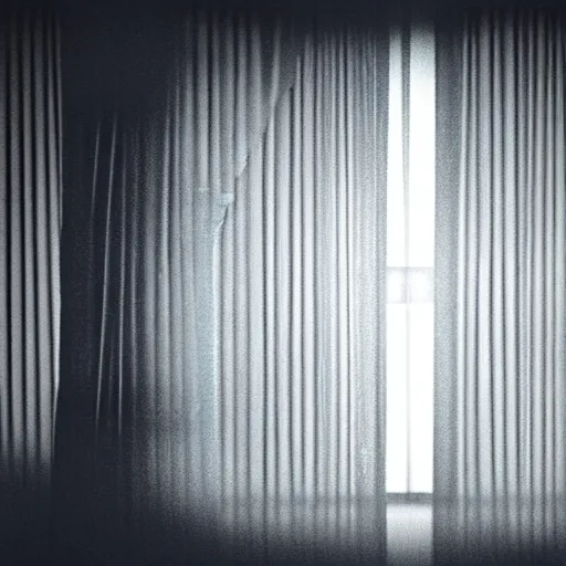 Image similar to a detailed photograph of the outside of a house with curtains in the windows, a replicant is peeking out at you through the curtains, 8 k, highly detailed, editorial