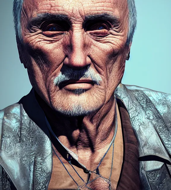 Image similar to portrait of dennis hopper by greg rutkowksi, extreme detail, 8 k, intricate abstract, unreal engine tech demo, vivid colors