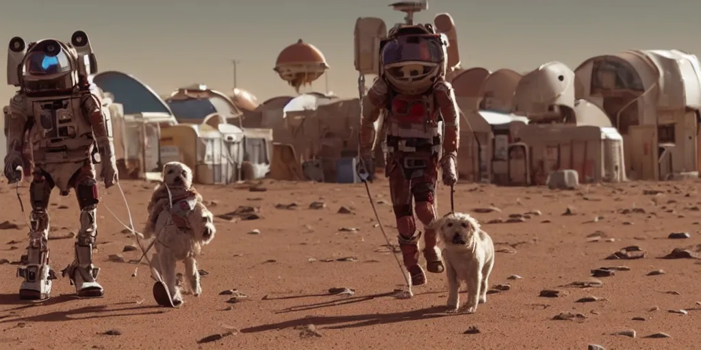 Prompt: a child taking his dog for a walk in the human settlement main city on Mars, 4k, high detail