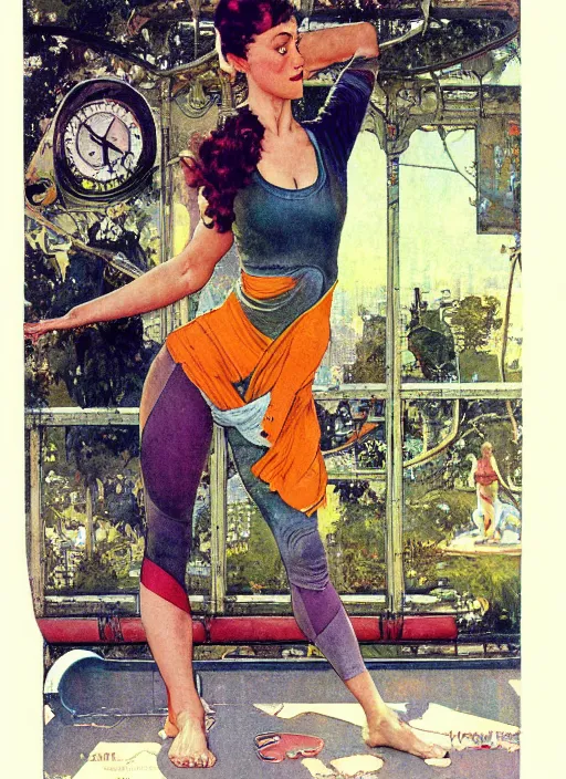 Prompt: an art nouveau futuristic copic maker illustration of full body girl doing yoga by norman rockwell and john berkey