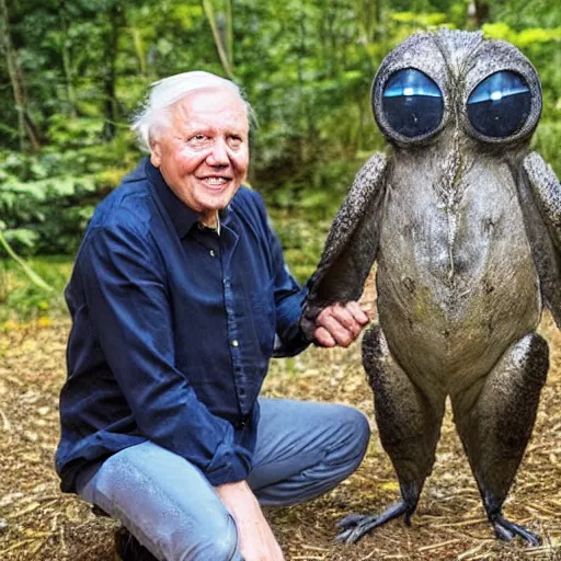 Prompt: Sir David Attenborough holding a small black Mothman with glowing red eyes