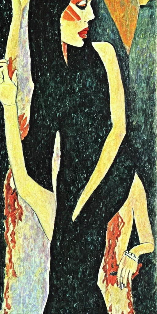 Image similar to a film still of suspiria by dario argento 1 9 7 7 movie, painted by modigliani, impressionism, pointillism, high quality, detailed, print!