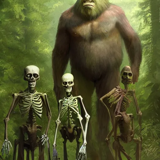 Image similar to A family portrait at the zoo of a sasquatch, a human lizard, a green alien and a skeleton, photorealistic style, artstation, Greg rutkowski, digital Art,