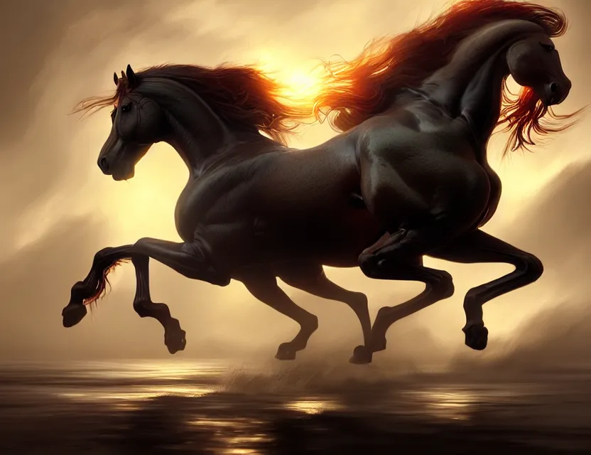 Prompt: the proud stallion gallops alone, a beautiful digital painting by wlop, volumetric light, intricate details, by art germ, fantasypunk, amazing d & d art, trending cgsociety, artstation, sharp, amazing wallpaper
