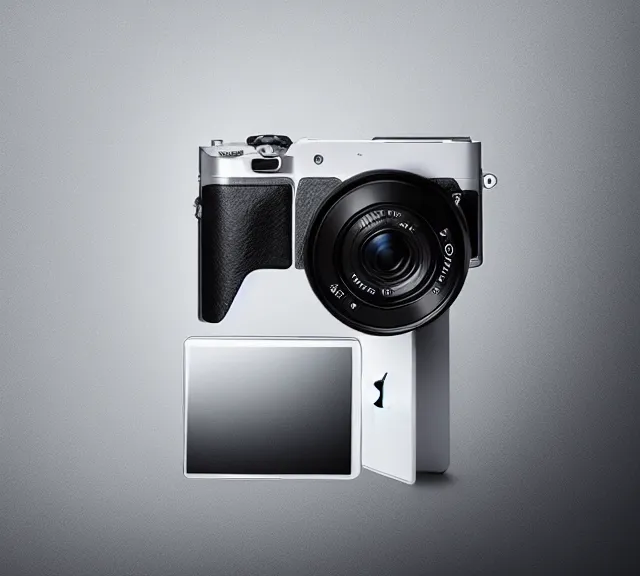 Prompt: mirrorless camera designed by apple, product photo, studio lighting