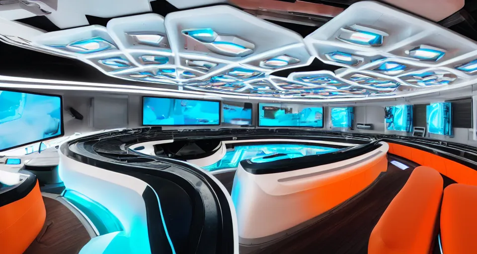 Prompt: Film still of the bridge of a space ship, large viewscreens, control panels, white plastic, black interface, wood effect, high end interior, soft orange and cyan highlights, neutral light, soft edges, calm feeling, Cinestill colour cinematography, anamorphic