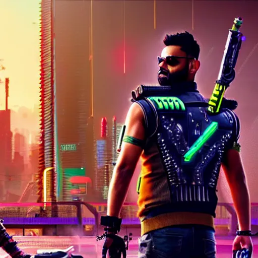 Image similar to Virat Kholi, in CyberPunk 2077, reimagined as a cyberpunk dystopia, 4k highly detailed digital art 4k highly detailed digital art