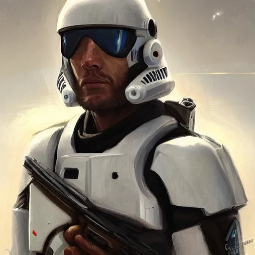 Image similar to portrait of a man by greg rutkowski, a soldier of the new galactic republic, wearing a white, blue and orange tactical gear, star wars expanded universe, highly detailed portrait, digital painting, artstation, concept art, smooth, sharp foccus ilustration, artstation hq