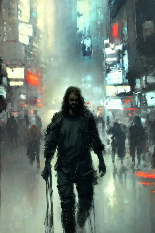 Image similar to full body portrait of Jesus as a cyborg walking through a crowded futuristic city street as the people part around him, by Jeremy Mann, stylized, detailed, realistic, loose brush strokes, dark tones, neon hue, intricate