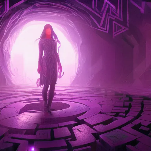 Image similar to a ultradetailed beautiful concept art of a vision of the unconscious maze, a place existing inside the collective unconscious, filled with dreams and hope of humanity, dramatic lighting, dynamic lighting, cinematic lighting, purple color scheme, concept art, high resolution 4 k, by greg rutkowski, charlie bowater and artgeem