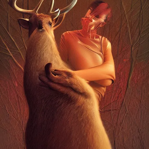 Image similar to a dramatic portrait of a woman showing affection to deer, cinematic lighting, symmetric face by karol bak, christopher balaskas