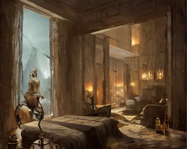 Image similar to a luxury hotel! suite room in the style of prehistoric! iceage, art by greg rutkowski and artgerma, stunning! concept art, interior! design