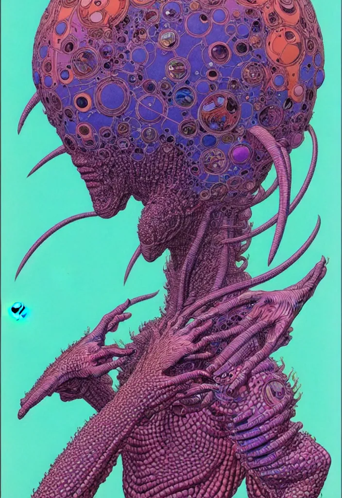 Image similar to ( ( ( ( a humanoid creature from another planet. ) ) ) ) by mœbius!!!!!!!!!!!!!!!!!!!!!!!!!!!, overdetailed art, colorful, artistic record jacket design