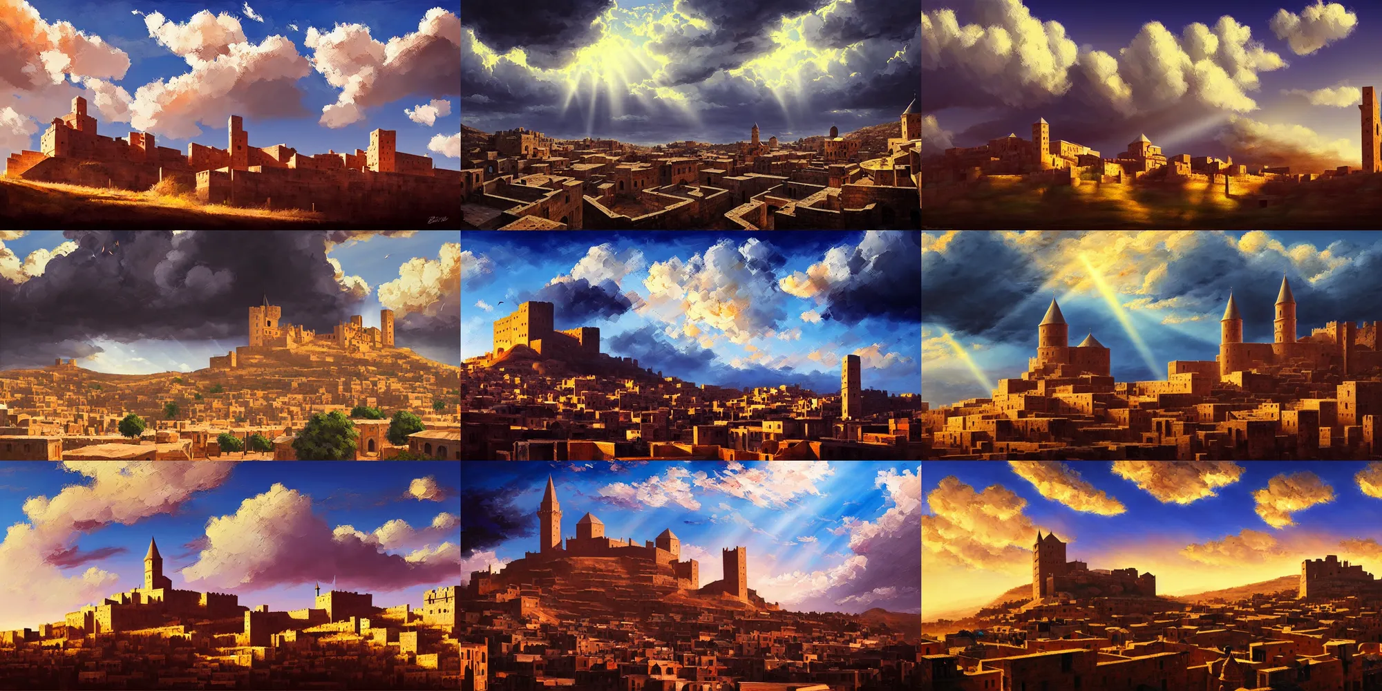 Prompt: mardin old town castle, digital oil painting, high contrast, dramatic photorealistic clouds, atmospheric, god rays, volumetric lighting, studio ghibli, noah bradley, alena aenami, greg rutkowski