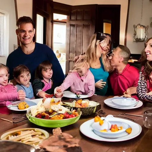 Image similar to an image of a large traditional family sitting around the table for dinner but one of the kids is floating above the table.