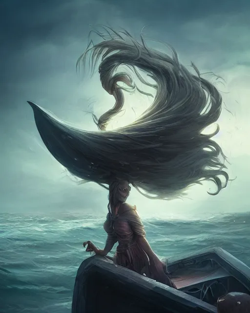 Prompt: Mind Flayers, wind-like hair posing on a boat, at night, highly detailed, fantasy art, in the style of greg rutkowski, illustration, epic, fantasy, intricate, hyper detailed, artstation, concept art, smooth, sharp focus, ray tracing