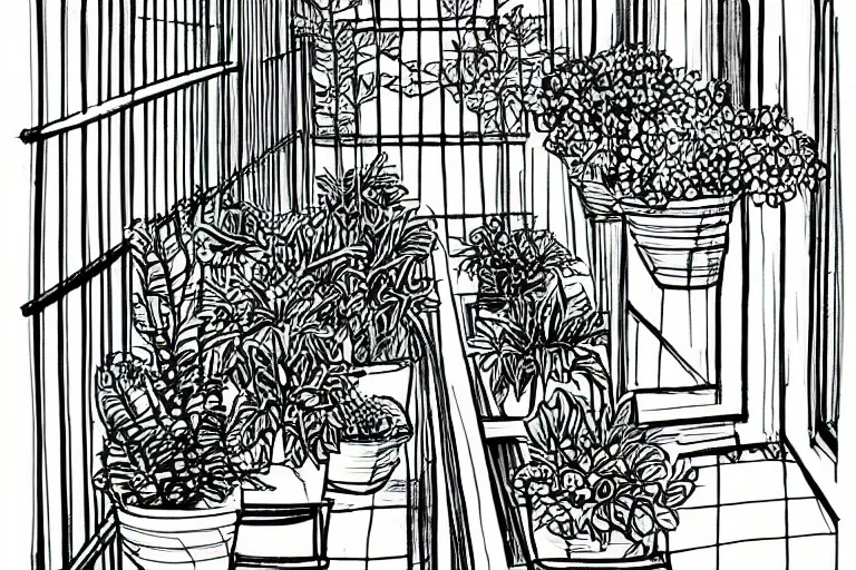 Image similar to a wide drawing of a balcony with plants, drawn in one line, back and white, solid background