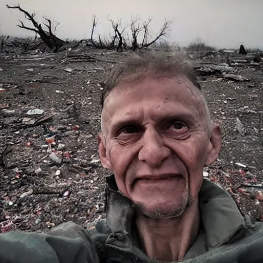 Image similar to last selfie of last alive ukrainian very damaged body to bones after a nuclear strike, a nuclear explosions in the background, dead bodies everywhere, 2 0 2 2