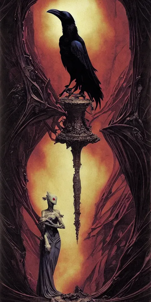 Prompt: raven perched on a bust of beautiful woman in a dark gothic room gothic, full frame, by wayne barlowe, peter mohrbacher, kelly mckernan, james o barr