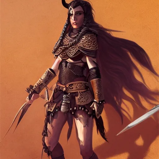 Prompt: Portrait of a strong fierce female berber tiefling barbarian with black hair in a ponytail wearing a steel breastplate in a desert, art by greg rutkowski