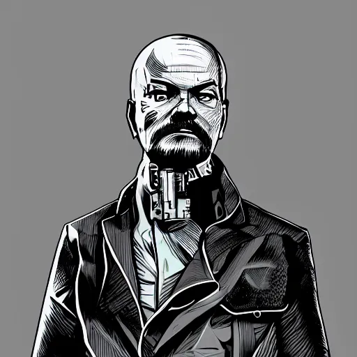 Image similar to cyberpunk vladimir lenin as the leader of a futuristic communist society, cybernetics, sharp lines, digital, artstation, colored in