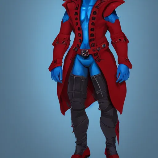 Prompt: character art of a blue lizardman with red horns wearing a black trench coat, detailed, trending on Artstation