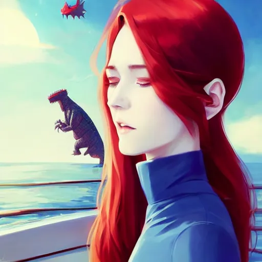 Image similar to beautiful pale vampire with red hair in a white turtleneck dress, arguing with a small blue godzilla on a super yacht, by guweiz and wlop and ilya kuvshinov and artgerm, symmetrical eyes, aesthetic, gorgeous, stunning, alluring, attractive, artstation, deviantart, pinterest, digital art