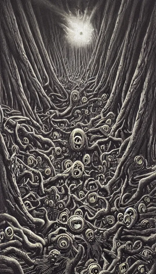 Prompt: a storm vortex made of many demonic eyes and teeth over a forest, by david a. hardy