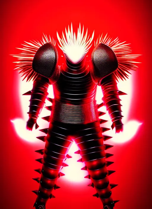 Image similar to a striking cinematic full body manga portrait of a long black haired teenager wearing imposing red jagged spiked plate armour and glowing with red energy by hirohiko araki and beeple, fine details, digital art, character concept art, volumetric lighting, cinematic light, photorealistic
