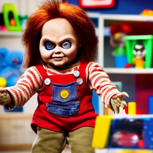 Image similar to Chucky the killer doll in a play room full of toys