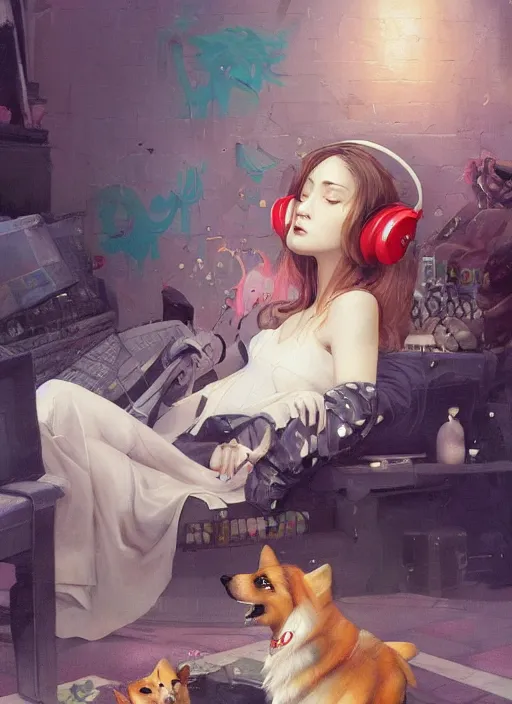 Prompt: beautiful fantasy painting of a Hiphop Lofi attractive princess and her corgi chilling to music, by Kenne Gregoire, James Jean, Tran Nguyen, WLOP, Jakub Rebelka. trending on Artstation, 8k, masterpiece, face enhance, graffiti paint, fine detail, full of color, intricate detail, golden ratio illustration