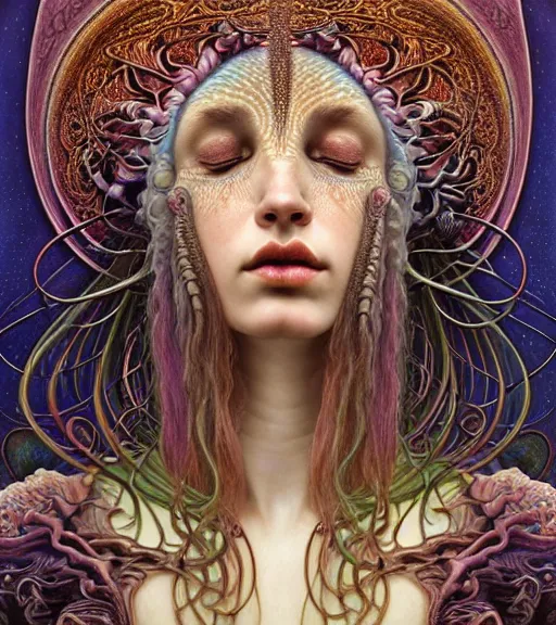 Prompt: detailed realistic beautiful young groovypunk queen of andromeda galaxy in full regal attire. face portrait. art nouveau, symbolist, visionary, baroque, giant fractal details. horizontal symmetry by zdzisław beksinski, iris van herpen, raymond swanland and alphonse mucha. highly detailed, hyper - real, beautiful