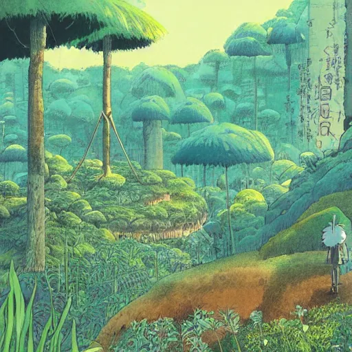 Prompt: illustration of a lush natural scene on an alien planet by hayao miyazaki. beautiful landscape. weird vegetation. cliffs and water.