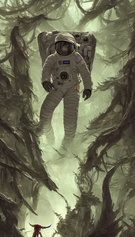 Prompt: astronaut walking in a forest made out of many demonic head and claws, by blizzard concept artists