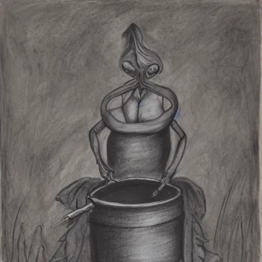 Image similar to An old wrinkled witch stirring her cauldron. Red chalk on paper mounted on board.